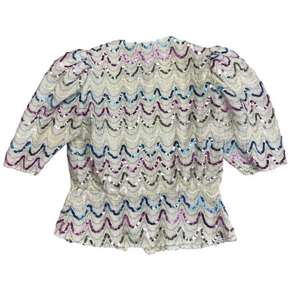 Vintage 80s White Sequin Puff Sleeve Embellished Party Blouse 12 14 M
