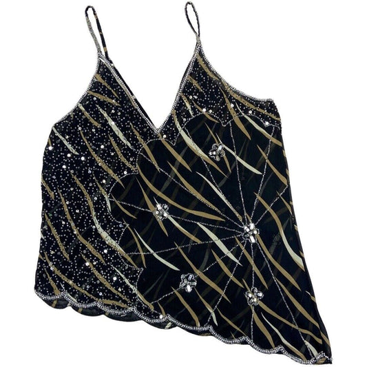 Vintage 90s 00s Black Mesh Embellished Asymmetrical Sparkly Disco Cami Top 16 L