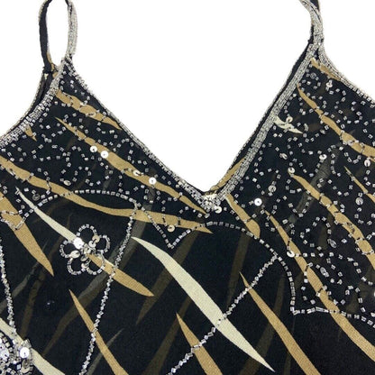 Vintage 90s 00s Black Mesh Embellished Asymmetrical Sparkly Disco Cami Top 16 L