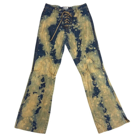Vintage 90s Y2K Blue Bleach Denim Flared Lace Up Detail Mid Rise Jeans 8 10 S
