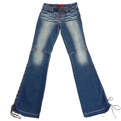 Vintage 90s Y2K Blue Denim Flared Lace Up Detail Low Rise Jeans 8 10 S