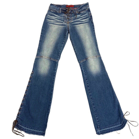 Vintage 90s Y2K Blue Denim Flared Lace Up Detail Low Rise Jeans 8 10 S