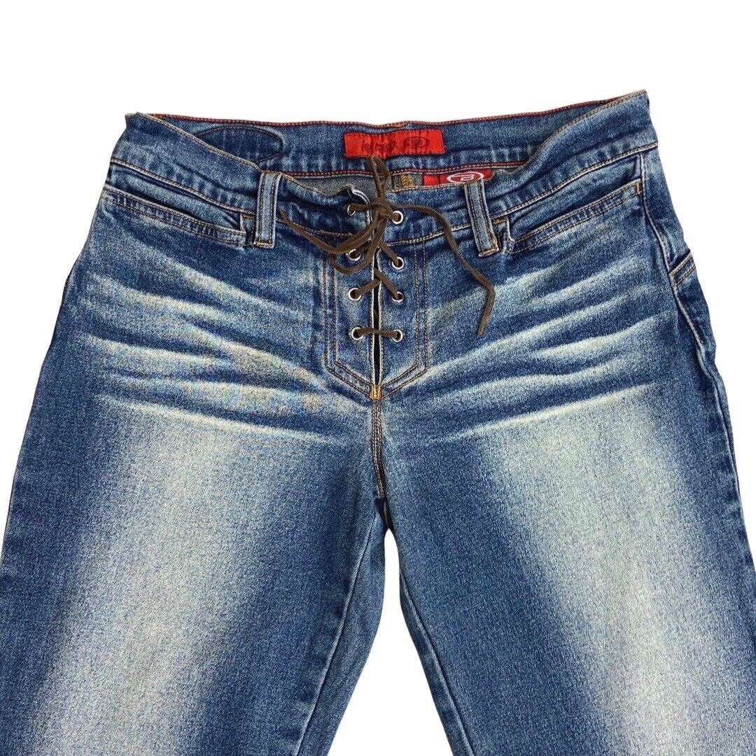 Vintage 90s Y2K Blue Denim Flared Lace Up Detail Low Rise Jeans 8 10 S