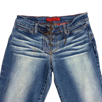 Vintage 90s Y2K Blue Denim Flared Lace Up Detail Low Rise Jeans 8 10 S