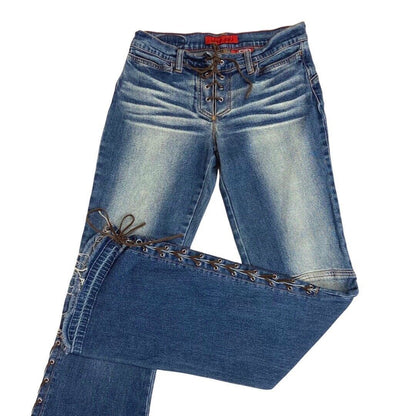 Vintage 90s Y2K Blue Denim Flared Lace Up Detail Low Rise Jeans 8 10 S