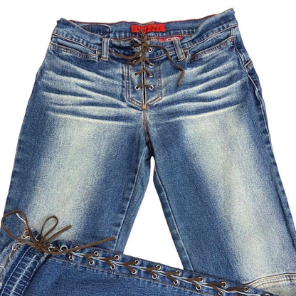 Vintage 90s Y2K Blue Denim Flared Lace Up Detail Low Rise Jeans 8 10 S