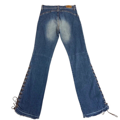Vintage 90s Y2K Blue Denim Flared Lace Up Detail Low Rise Jeans 8 10 S