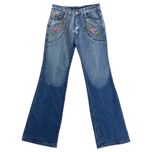 Vintage 90s Y2K Blue Flared Mid Rise Embroidered Jeans 8 S
