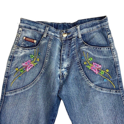 Vintage 90s Y2K Blue Flared Mid Rise Embroidered Jeans 8 S