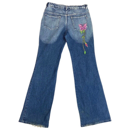 Vintage 90s Y2K Blue Flared Mid Rise Embroidered Jeans 8 S