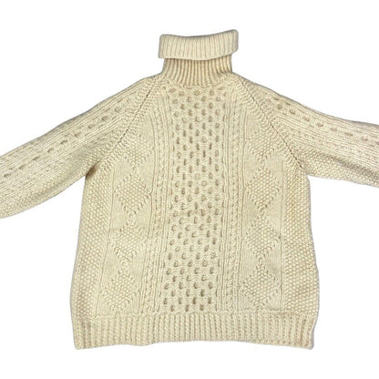 Vintage 80s 90s Cream Turtle Neck Hand Knit Sweater 12 14 M