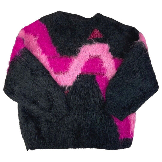 Vintage 80s Black Pink Mohair Pattern Knit Sweater 12 14 M
