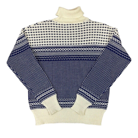 Vintage 80s 90s Cream Blue Scandinavian Turtle Neck Pattern Knitted Jumper 12 14
