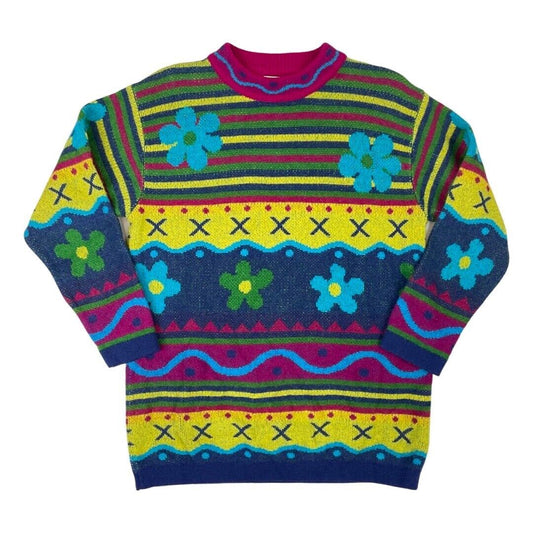 Vintage 80s 90s Green Yellow Daisy United Colors of Benetton Knit Jumper 12 14