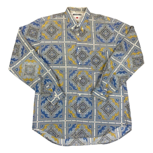 Vintage 90s Blue Yellow Moschino Baroque Patterned Button Down Shirt L