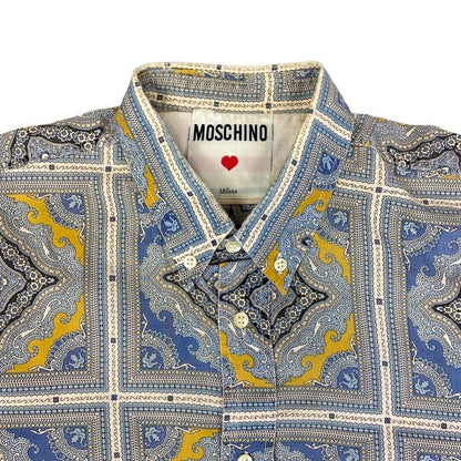 Vintage 90s Blue Yellow Moschino Baroque Patterned Button Down Shirt L