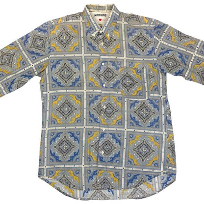 Vintage 90s Blue Yellow Moschino Baroque Patterned Button Down Shirt L
