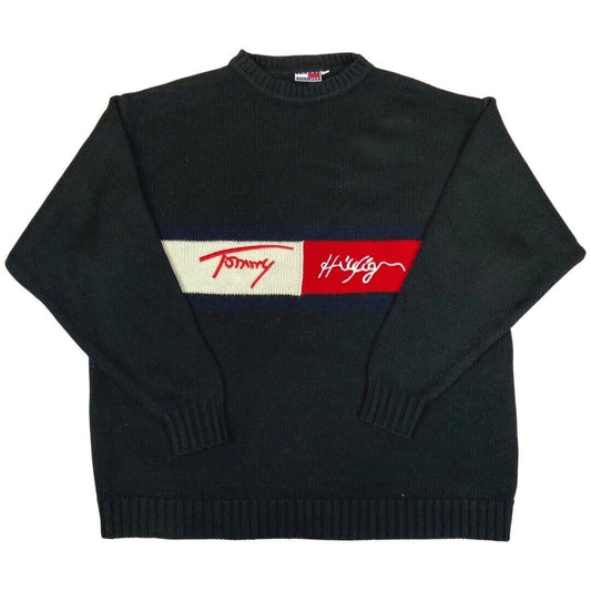 Vintage 90s 00s Black Embroidered Tommy Hilfiger Knit Sweater L