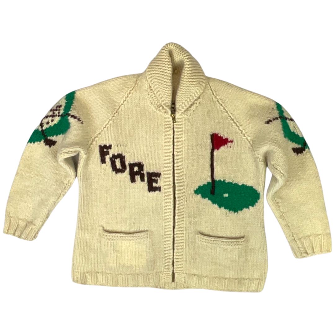 VINTAGE 1950s MENS CREAM COWICHAN GOLF GRAPHIC KNIT ROCKABILLY CARDIGAN M 42”