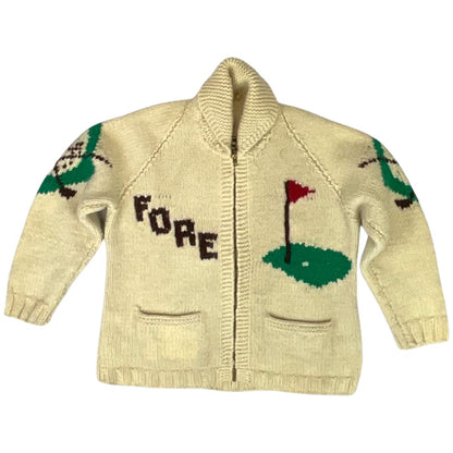 VINTAGE 1950s MENS CREAM COWICHAN GOLF GRAPHIC KNIT ROCKABILLY CARDIGAN M 42”