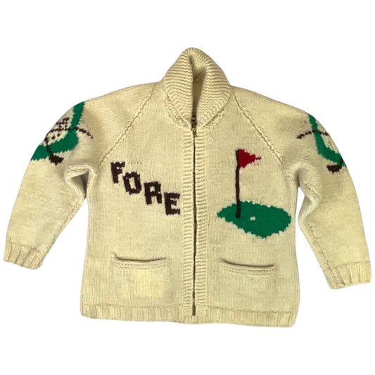 VINTAGE 1950s MENS CREAM COWICHAN GOLF GRAPHIC KNIT ROCKABILLY CARDIGAN M 42”