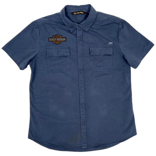Vintage 90s 00s Blue Harley Davidson Button Down Graphic Print Shirt L XL