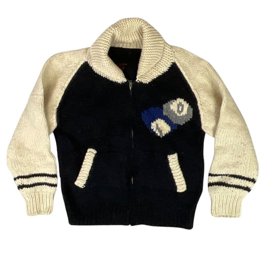 VINTAGE 1950s STYLE MENS BLACK COWICHAN GRAPHIC KNIT ROCKABILLY CARDIGAN S 38”