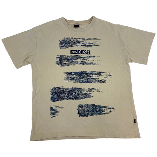 Vintage Y2K Cream Blue Diesel Graphic Print T-shirt L