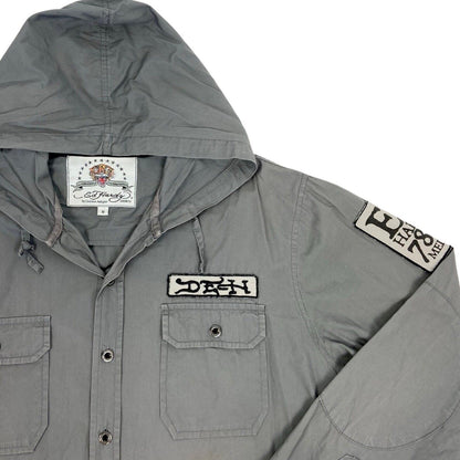 Vintage Y2K Grey Embroidered Skull Heart Ed Hardy Hooded Hooded Shirt M