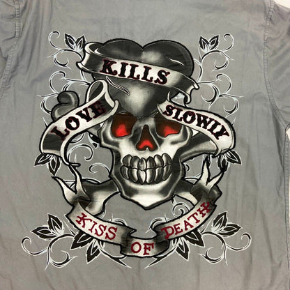 Vintage Y2K Grey Embroidered Skull Heart Ed Hardy Hooded Hooded Shirt M