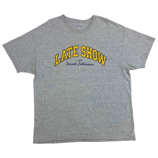Vintage 90s Grey Yellow Late Show Champion Logo T-shirt XL