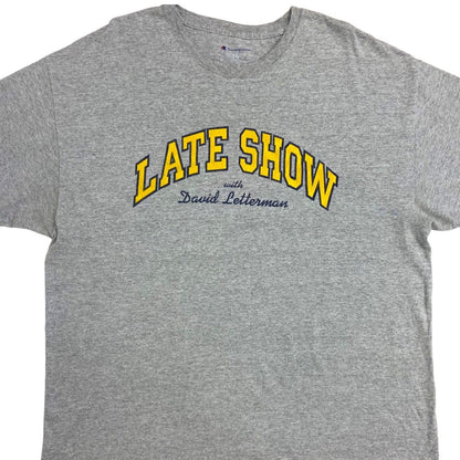 Vintage 90s Grey Yellow Late Show Champion Logo T-shirt XL