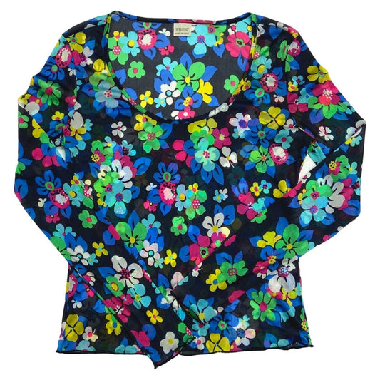Vintage 90s Black Blue Pink Mesh Flower Print Long Sleeve Top 8 10 S