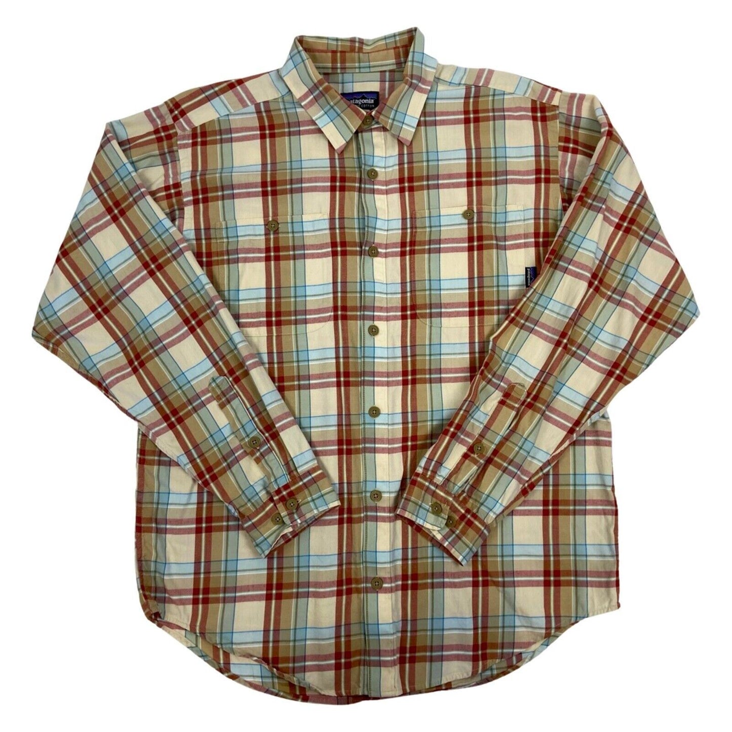 Vintage 2000s Patagonia Cream Red Blue Checked Long Sleeve Casual Shirt Large