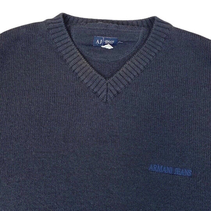 Vintage 90s 00s Navy Blue Embroidered Armani Jeans Knit Sweater L