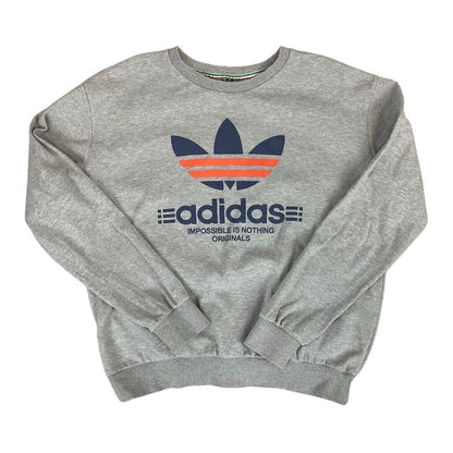 Vintage 90s 00s Grey Adidas Trefoil Logo Spellout Print Crew Neck Jumper M L