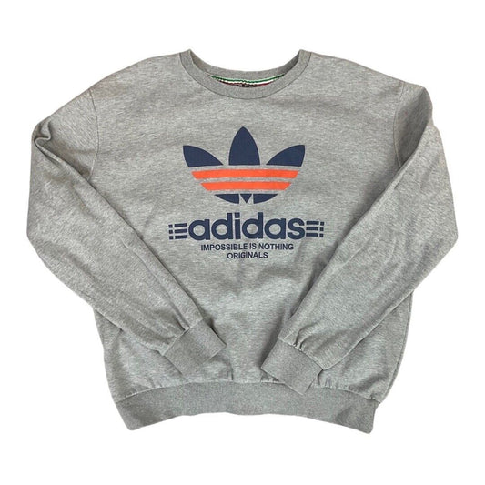 Vintage 90s 00s Grey Adidas Trefoil Logo Spellout Print Crew Neck Jumper M L
