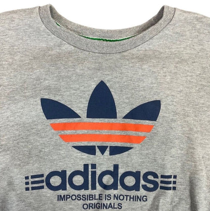 Vintage 90s 00s Grey Adidas Trefoil Logo Spellout Print Crew Neck Jumper M L