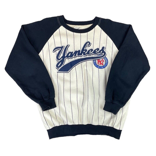 Vintage 90s Blue White Striped Embroidered NY Yankees Baseball Raglan Jumper M L