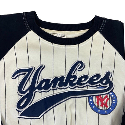 Vintage 90s Blue White Striped Embroidered NY Yankees Baseball Raglan Jumper M L