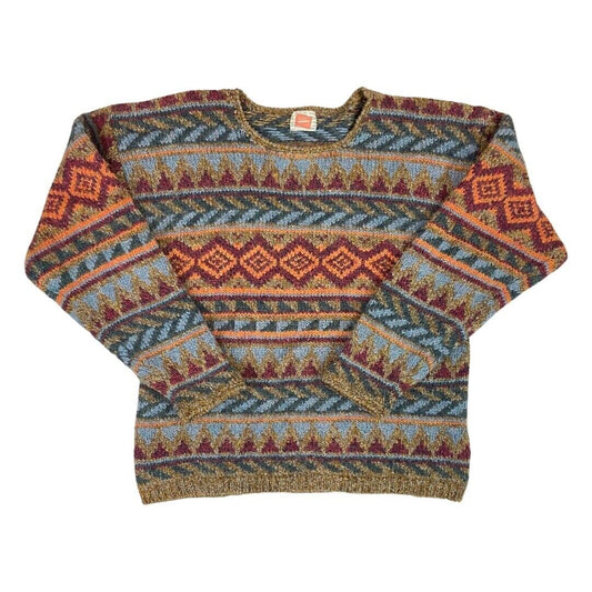 Vintage 90s Orange Blue Geometric Aztec Patterned Knitted Jumper S M