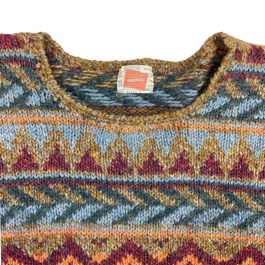 Vintage 90s Orange Blue Geometric Aztec Patterned Knitted Jumper S M