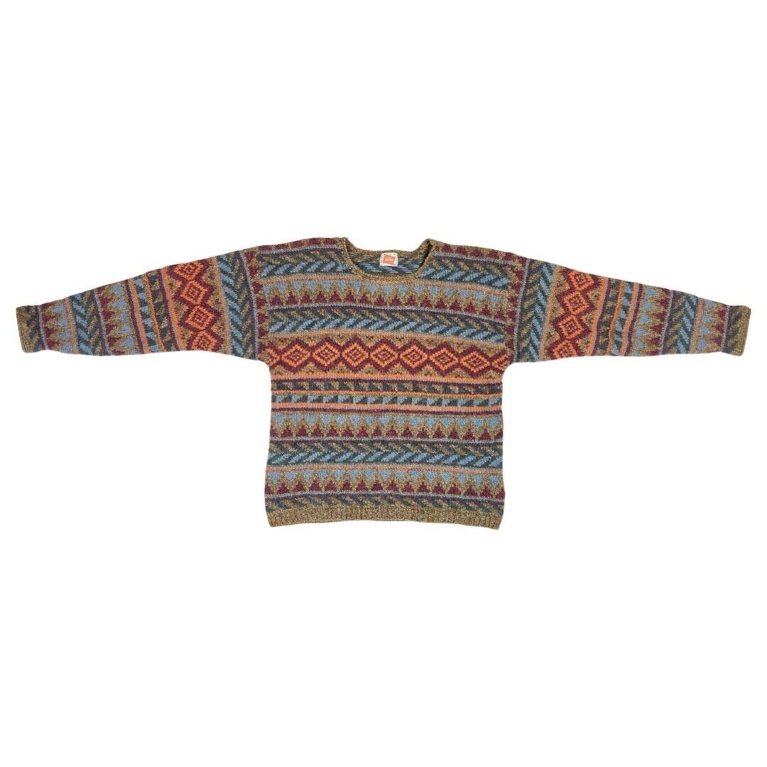 Vintage 90s Orange Blue Geometric Aztec Patterned Knitted Jumper S M