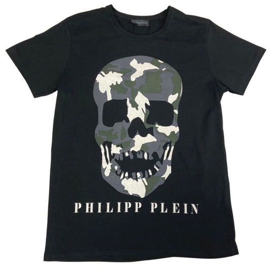 Vintage 90s 00s Black Philipp Plein Camouflage Skull T-shirt M