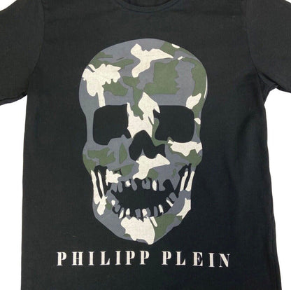 Vintage 90s 00s Black Philipp Plein Camouflage Skull T-shirt M