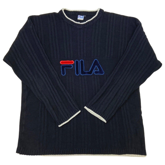 Vintage 90s Black Appliqué Fila Spell Out Knit Sweater XL
