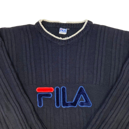 Vintage 90s Black Appliqué Fila Spell Out Knit Sweater XL