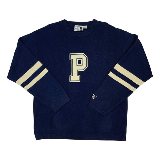 Vintage 90s Navy Blue Cream Puma Knit Sweater L