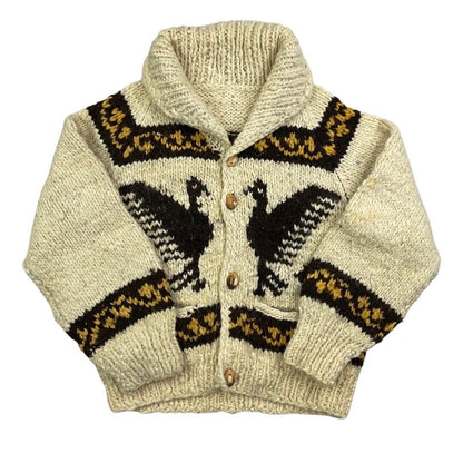 VINTAGE 60s LADIES CREAM WOOL COWICHAN GRAPHIC KNIT ROCKABILLY CARDIGAN 34” XS
