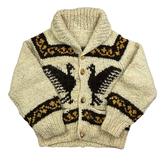 VINTAGE 60s LADIES CREAM WOOL COWICHAN GRAPHIC KNIT ROCKABILLY CARDIGAN 34” XS